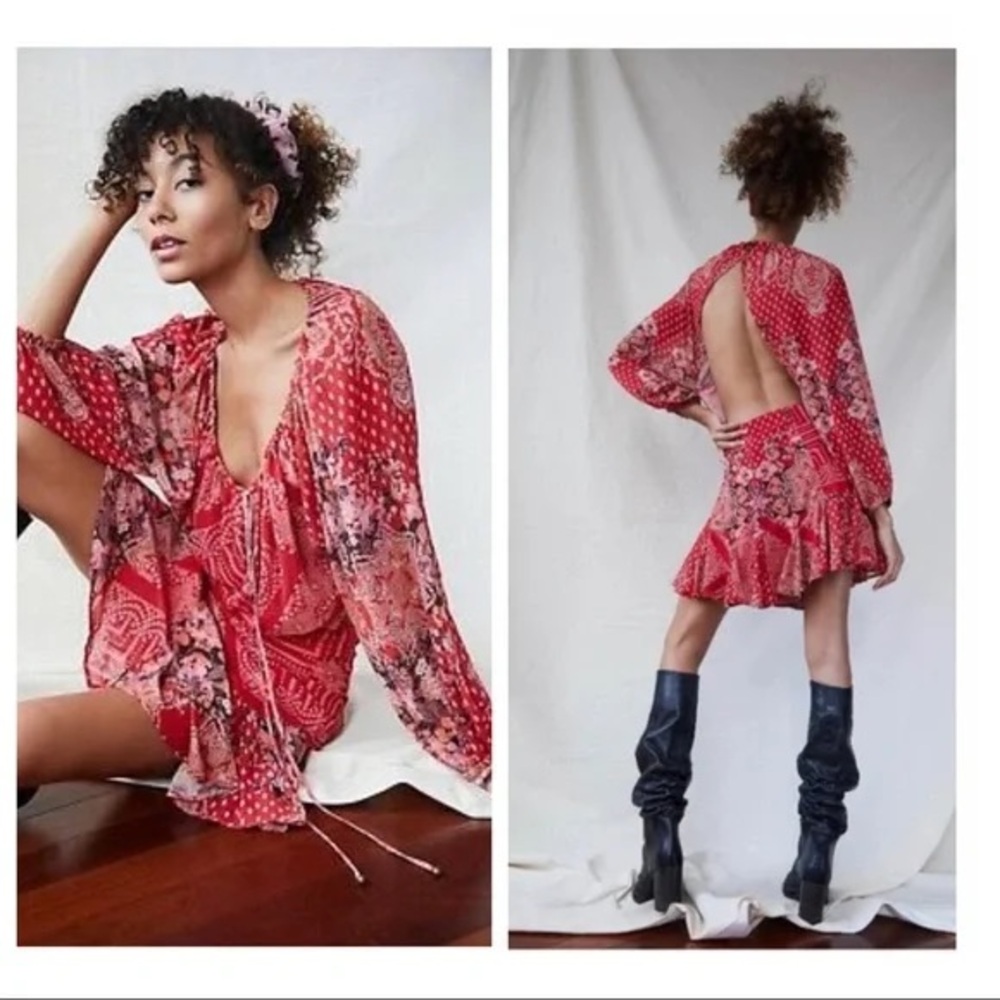 Free People Seven Wonders Floral Red Bohemian Dress